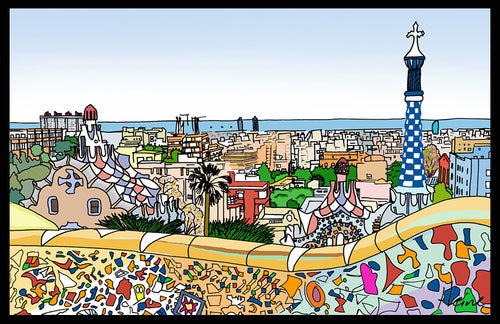 CATALUÑA - BARCELONA  - GAUDI - VISTAS DE BARCELONA. DIVERTIDA Y ALEGRE ILUSTRACIÓN A TODO COLOR Y DETALLE, IMPRESA SOBRE LIENZO CANVAS, OPCIÓN DE DIFERENTES TAMAÑOS Y ACABADOS, SOBRE TABLERO DM O BASTIDOR DE MADERA.           COMBÍNALAS COMO DESEES