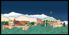 Load image into Gallery viewer, ANDALUCÍA - GRANADA - ALHAMBRA - NOCTURNO. DIVERTIDA Y ALEGRE ILUSTRACIÓN A TODO COLOR Y DETALLE, IMPRESA SOBRE LIENZO CANVAS, OPCIÓN DE DIFERENTES TAMAÑOS Y ACABADOS, SOBRE TABLERO DM O BASTIDOR DE MADERA.           COMBÍNALAS COMO DESEES
