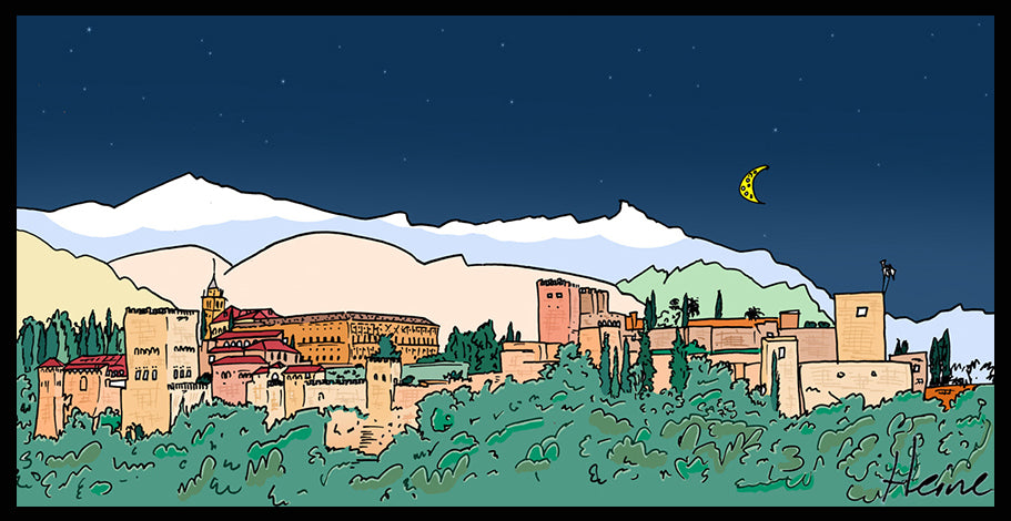 ANDALUCÍA - GRANADA - ALHAMBRA - NOCTURNO. DIVERTIDA Y ALEGRE ILUSTRACIÓN A TODO COLOR Y DETALLE, IMPRESA SOBRE LIENZO CANVAS, OPCIÓN DE DIFERENTES TAMAÑOS Y ACABADOS, SOBRE TABLERO DM O BASTIDOR DE MADERA.           COMBÍNALAS COMO DESEES