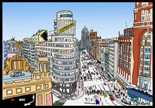 Cargar imagen en el visor de la galería, MADRID - EL CALLAO. DIVERTIDA Y ALEGRE ILUSTRACIÓN A TODO COLOR Y DETALLE, IMPRESA SOBRE LIENZO CANVAS, POSIBILIDAD DE DIFERENTES TAMAÑOS Y ACABADOS SOBRE TABLERO DM O BASTIDOR DE MADERA.                               ELIGE TU COMBINACIÓN PREFERIDA          
