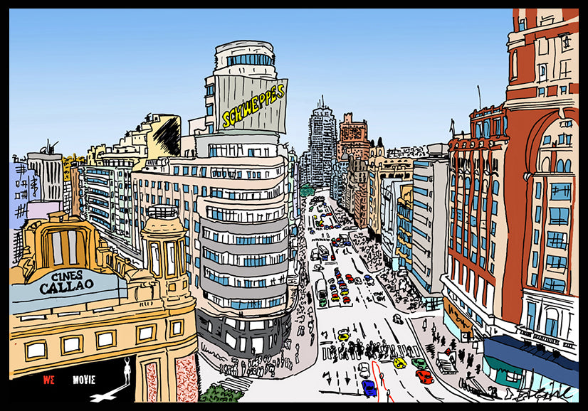 MADRID - EL CALLAO. DIVERTIDA Y ALEGRE ILUSTRACIÓN A TODO COLOR Y DETALLE, IMPRESA SOBRE LIENZO CANVAS, POSIBILIDAD DE DIFERENTES TAMAÑOS Y ACABADOS SOBRE TABLERO DM O BASTIDOR DE MADERA.                               ELIGE TU COMBINACIÓN PREFERIDA          