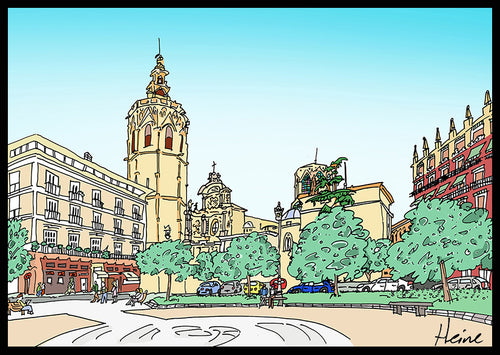 VALENCIA - Ilustración del Micalet y la Plaza de la Reina.  DIVERTIDA Y ALEGRE ILUSTRACIÓN A TODO COLOR Y DETALLE, IMPRESA SOBRE LIENZO CANVAS, OPCIÓN DE DIFERENTES TAMAÑOS Y ACABADOS, SOBRE TABLERO DM O BASTIDOR DE MADERA.                                      COMBÍNALAS COMO DESEES         