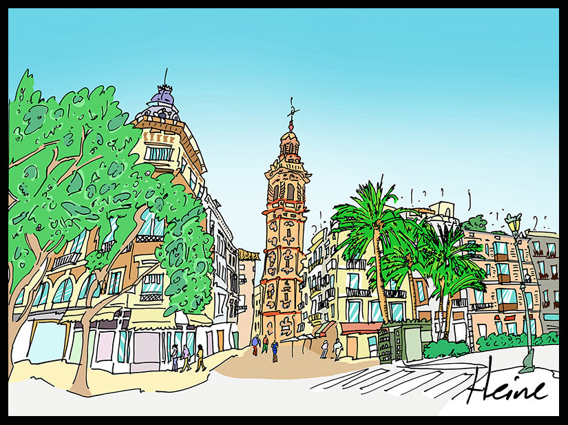 VALENCIA - SANTA CATALINA-PLAZA LA REINA. DIVERTIDA Y ALEGRE ILUSTRACION A TODO COLOR Y DETALLE, IMPRESA SOBRE LIENZO CANVAS, POSIBILIDAD DE DIFERENTES TAMAÑOS Y ACABADOS SOBRE TABLERO DM O BASTIDOR DE MADERA.                               ELIGE TU COMBINACIÓN PREFERIDA           