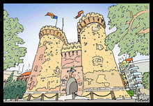 Cargar imagen en el visor de la galería, VALENCIA - Torres de Quart de Valencia. DIVERTIDA Y ALEGRE ILUSTRACIÓN A TODO COLOR Y DETALLE, IMPRESA SOBRE LIENZO CANVAS, OPCIÓN DE DIFERENTES TAMAÑOS Y ACABADOS, SOBRE TABLERO DM O BASTIDOR DE MADERA.           COMBÍNALAS COMO DESEES
