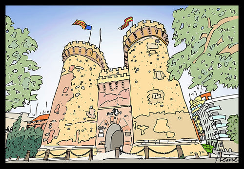 VALENCIA - Torres de Quart de Valencia. DIVERTIDA Y ALEGRE ILUSTRACIÓN A TODO COLOR Y DETALLE, IMPRESA SOBRE LIENZO CANVAS, OPCIÓN DE DIFERENTES TAMAÑOS Y ACABADOS, SOBRE TABLERO DM O BASTIDOR DE MADERA.           COMBÍNALAS COMO DESEES