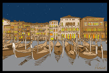 Load image into Gallery viewer, VENECIA - GÓNDOLAS NOCTURNO. DIVERTIDA Y ALEGRE ILUSTRACIÓN A TODO COLOR Y DETALLE, IMPRESA SOBRE LIENZO CANVAS, OPCIÓN DE DIFERENTES TAMAÑOS Y ACABADOS, SOBRE TABLERO DM O BASTIDOR DE MADERA.           COMBÍNALAS COMO DESEES
